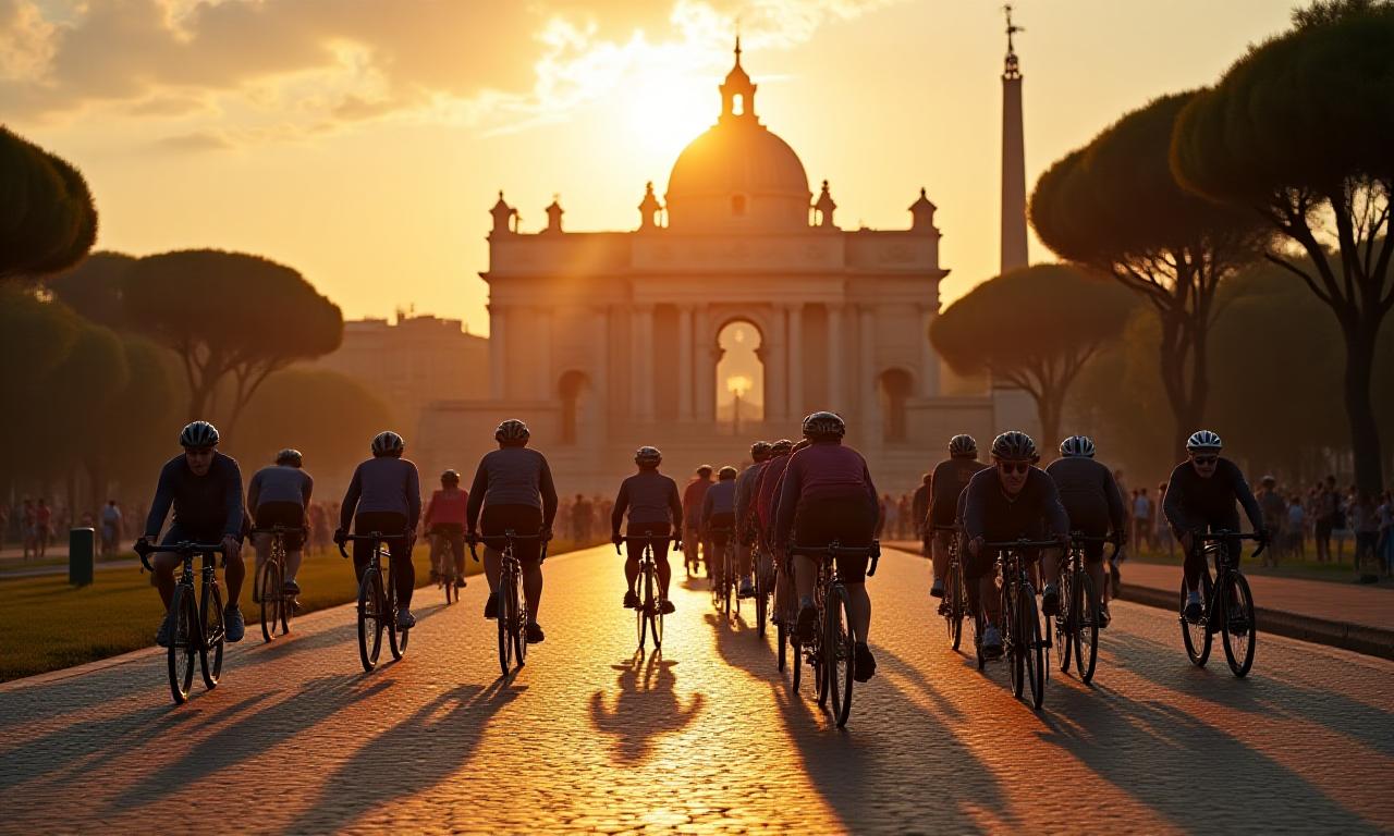 Ciclisti che pedalano tra i monumenti storici di Roma